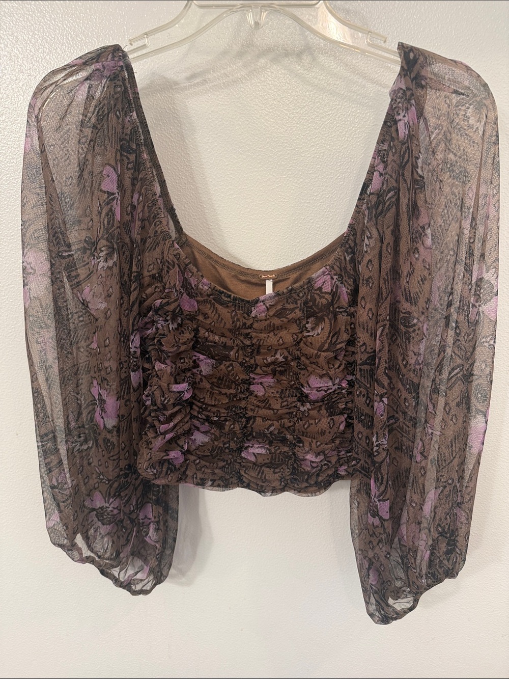 Free People Sheer Brown & Lavender Floral Puff-Sleeve Women's Top